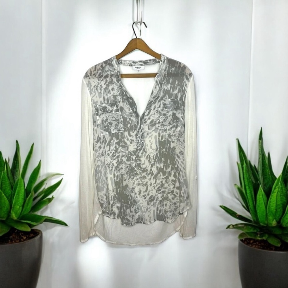 Babaton Aritzia Silk Cotton Mixed Media Blouse L Sheer Abstract Print